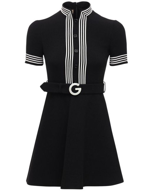 Gucci Black Belted Light Wool Crepe Mini Dress