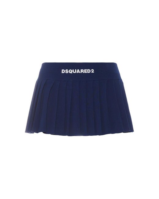 DSquared² Blue Viscose Knit Logo Pleated Mini Skirt