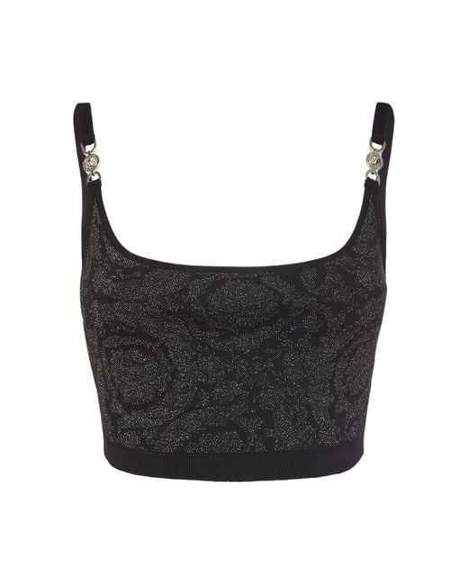 Versace Black Barocco Embellished Lurex Knit Bra Top