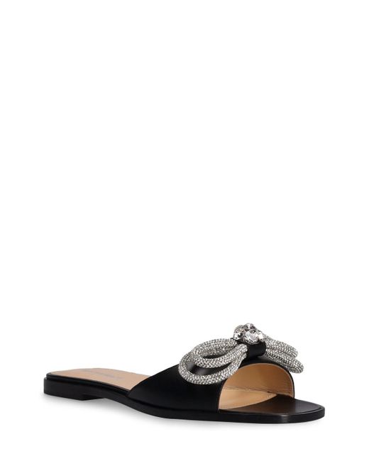 Mach & Mach Black 10Mm Double Bow Leather Flat Sandals