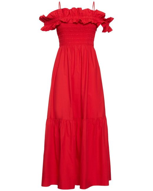 Ganni Red Langes Kleid Aus Baumwollpopeline