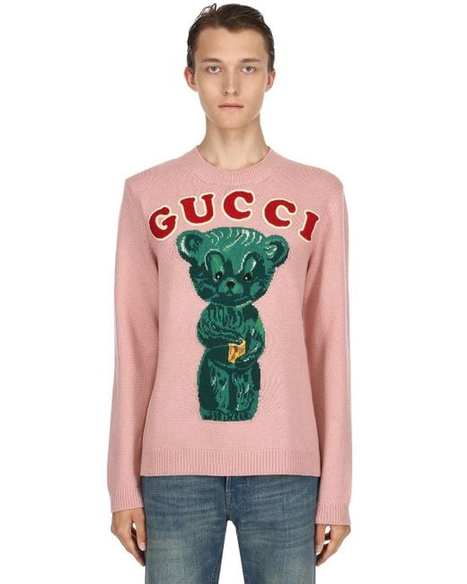 Gucci Bear Wool Jacquard Sweater in Pink for Men | Lyst