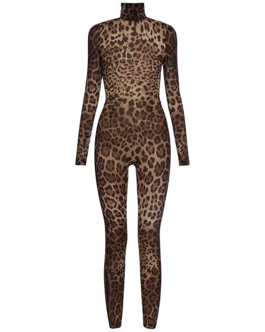 Dolce & Gabbana Brown Jumpsuit Aus Seidenchiffon Mit Leodruck