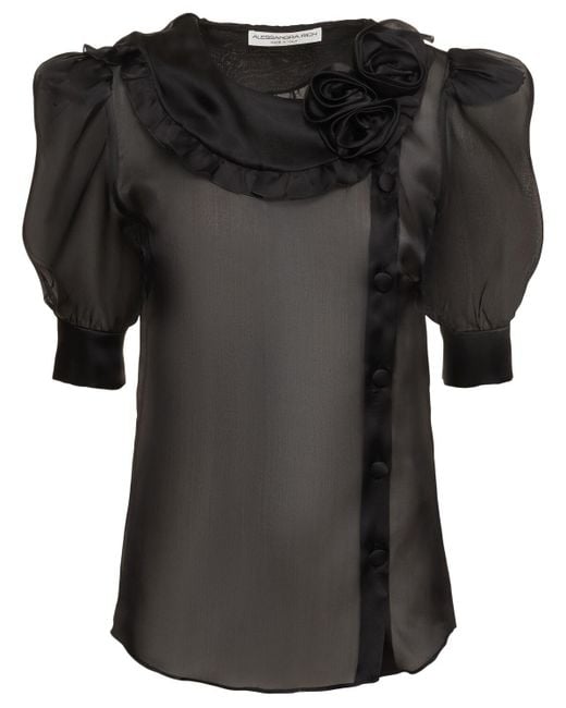 Blusa in organza di seta con rose applicate di Alessandra Rich in Black
