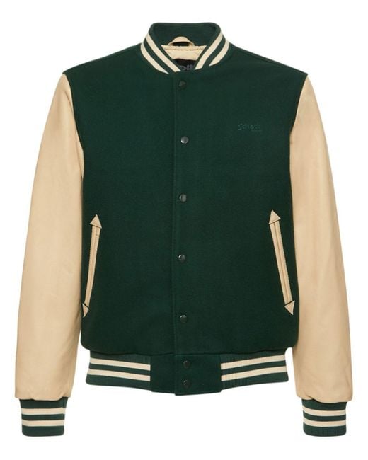 Schott Nyc Green Logo Leather & Wool Varsity Jacket for men