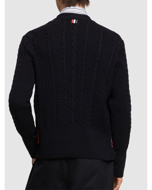 Thom Browne Blue Cable Knit Relaxed V Neck Cardigan for men