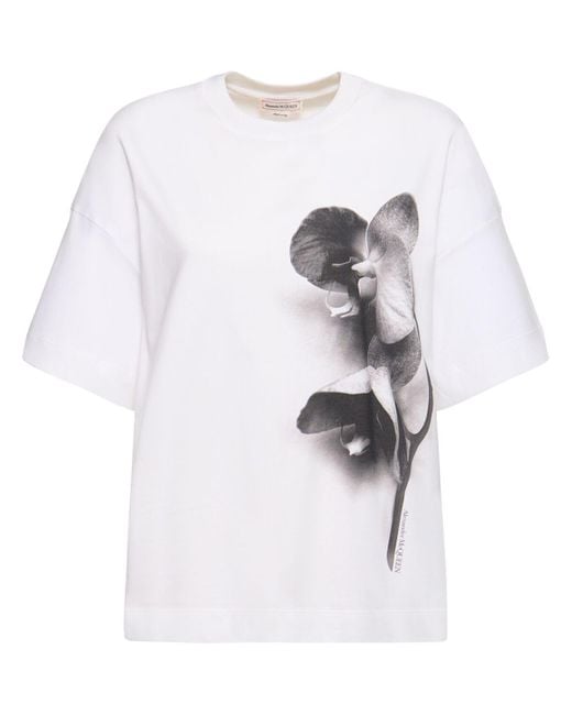 Alexander McQueen White Orchid Print Cotton T-Shirt