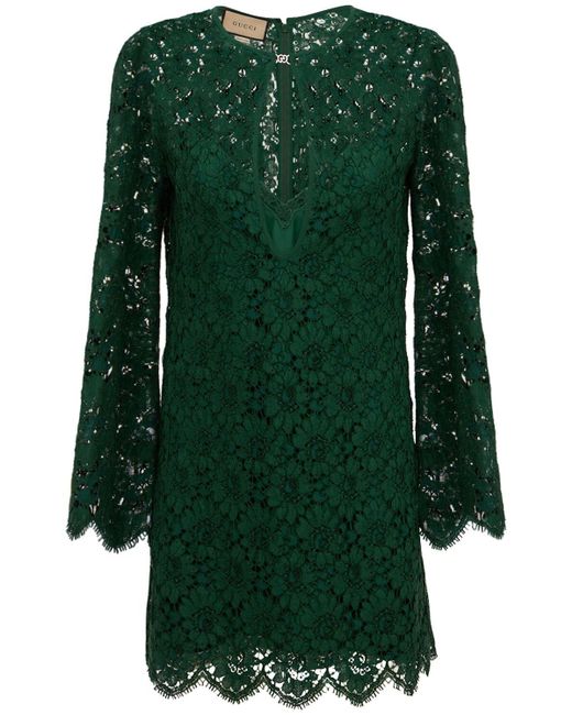 Gucci Green Long-sleeve Floral Lace Dress