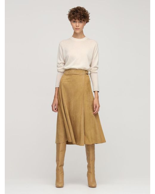 Ralph Lauren Collection Wrap Suede Midi Skirt in Beige (Natural) | Lyst
