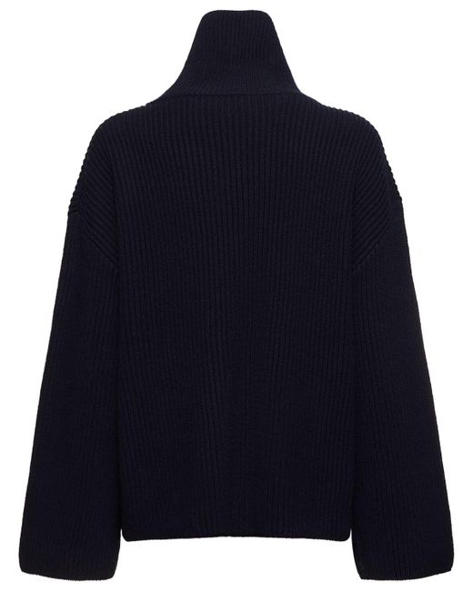 Totême  Blue Wrap Neck Rib Knit Wool Sweater
