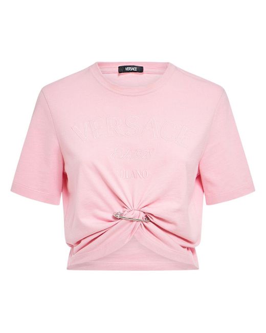 Versace Pink Crop-t-shirt Aus Jersey Mit Sicherheitsnadel