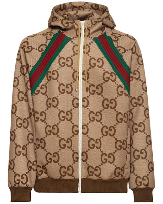 【GUCCI】Web Monogram Zip Up Hood Beige Gucci Men's GG Monogram GRG Zip Hoodie in Beige Gucci
