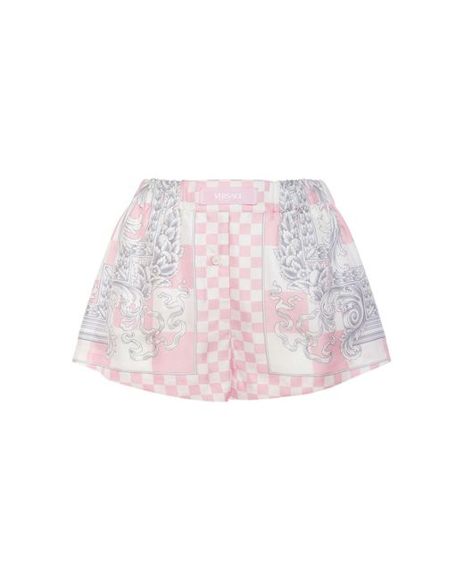 Versace Pink Damier Print Silk Twill Baroque Shorts
