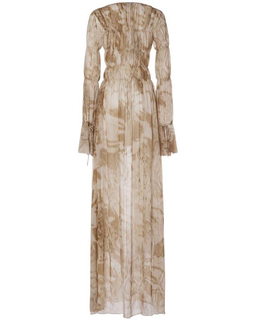 Blumarine Natural Gathered Printed Viscose Long Dress
