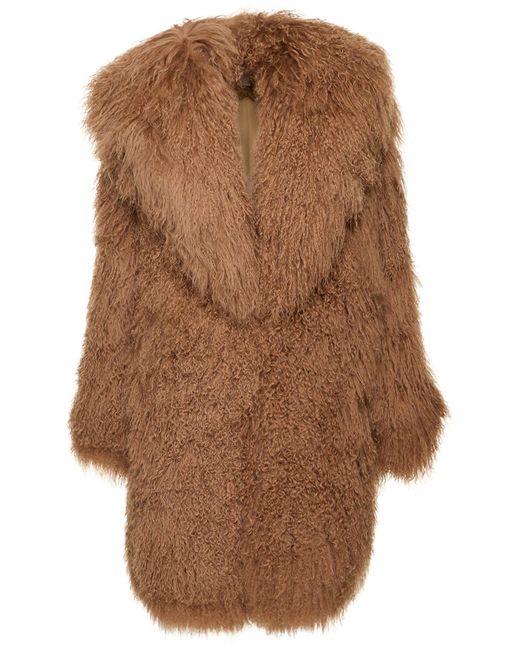 Michael Kors Brown Mongolian Lamb Fur Midi Coat