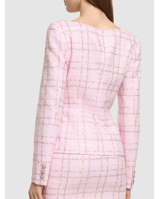 Alessandra Rich Pink Sequined Checked Tweed Round Neck Jacket