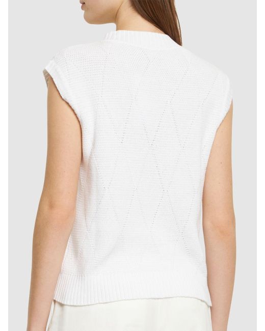 Max Mara White Zebio Cotton Knit V Neck Vest