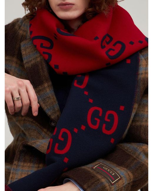Gucci Gg Jacquard Wool & Silk Scarf in Blue/Red (Blue) for Men - Lyst