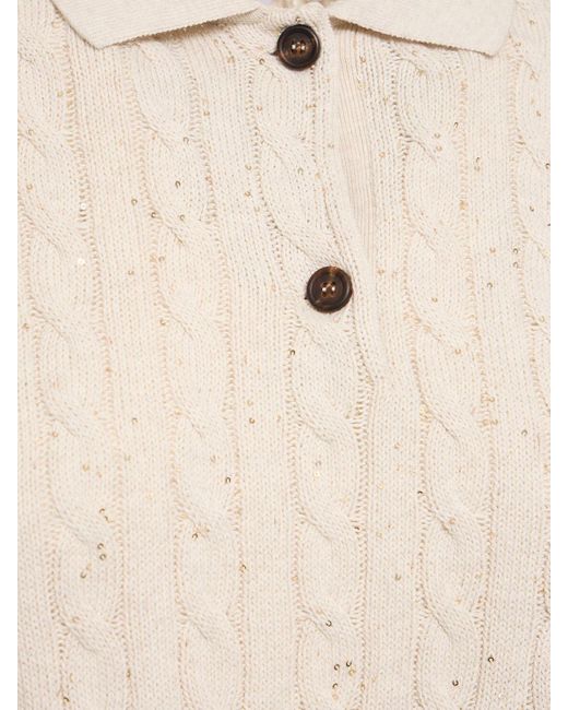 Brunello Cucinelli Natural Cotton Blend Cable Knit Polo Sweater