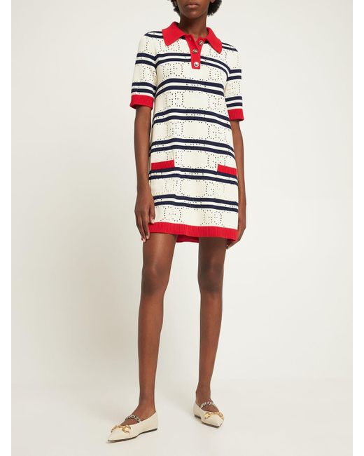 Gucci Women's GG Striped Cotton Knit Polo Dress - Gray - Casual Dresses