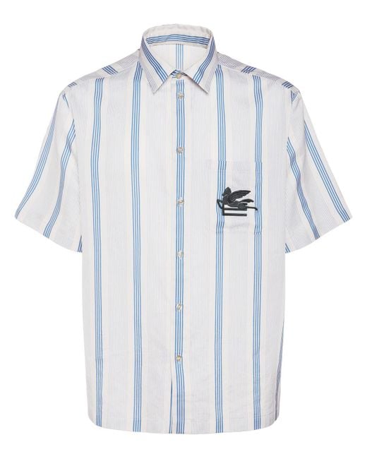 Etro Blue Logo Striped Short Sleeve Shirt for men