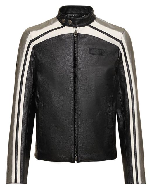 Moschino Black Logo Leather Biker Jacket for men