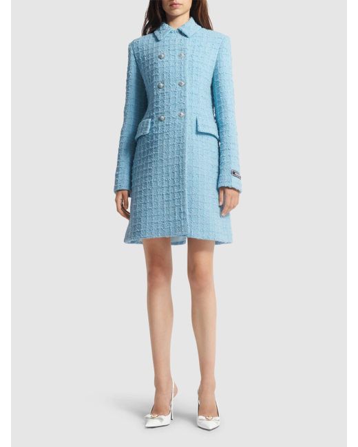 Manteau en tweed à double boutonnage Versace en coloris Blue