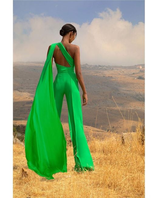 Elie Saab One Shoulder Crepe Jumpsuit in Green | Lyst Australia