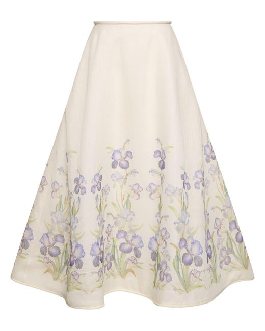 Zimmermann White Natura Print Silk & Linen Midi Skirt