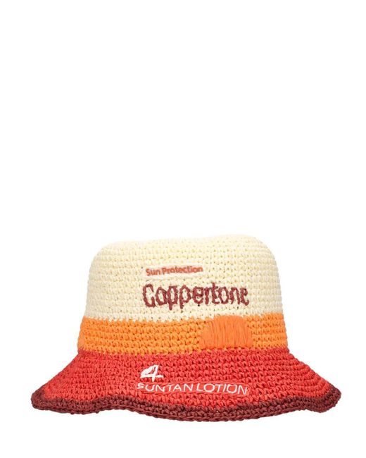 Anya Hindmarch Red Coppertone In Paper Raffia Bucket Hat