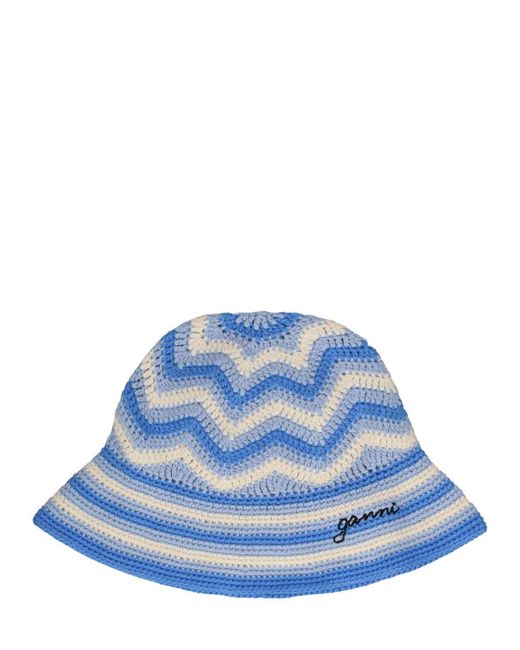 Ganni Blue Organic Cotton Crochet Bucket Hat