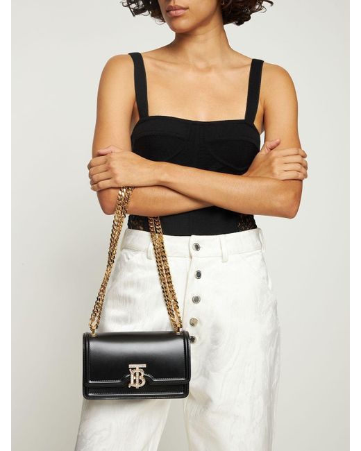 Burberry Mini Tb Elongated Smooth Leather Bag in Black | Lyst