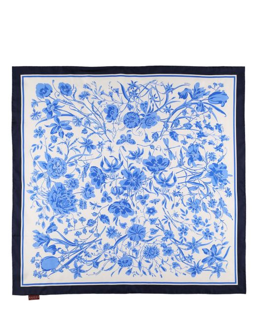Gucci Blue Floral Print Silk Scarf