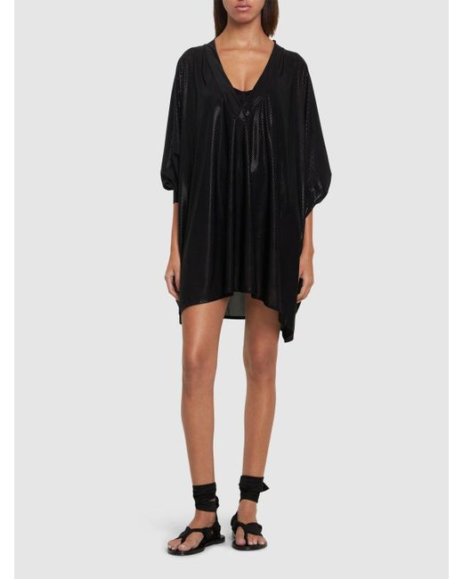 Balmain Black Shiny Jersey V-neck Mini Kaftan Dress