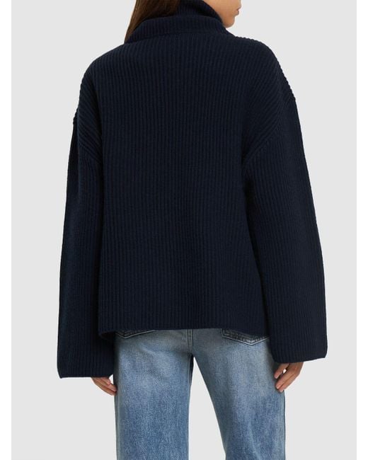 Totême  Blue Wrap Neck Rib Knit Wool Sweater