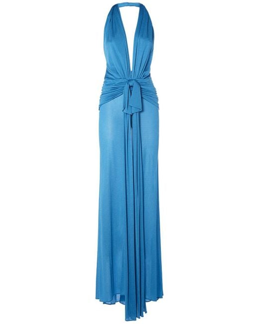 Blumarine Blue Draped Viscose Long Halter Dress