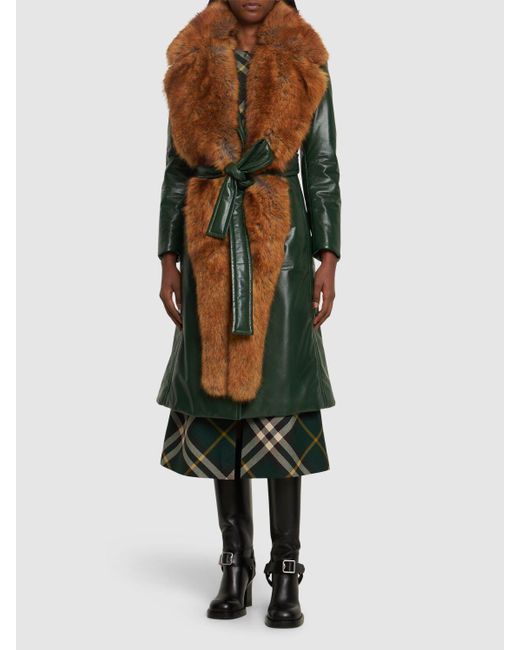 Burberry Green Faux Fur-trimmed Leather Coat
