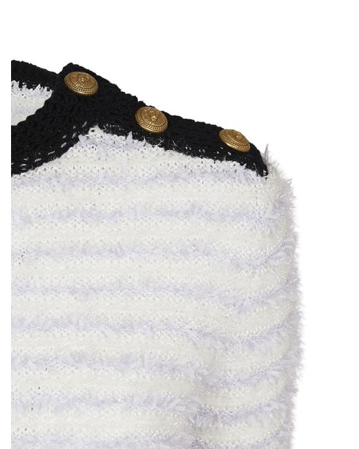 Balmain White Cropped Tweed Sweater