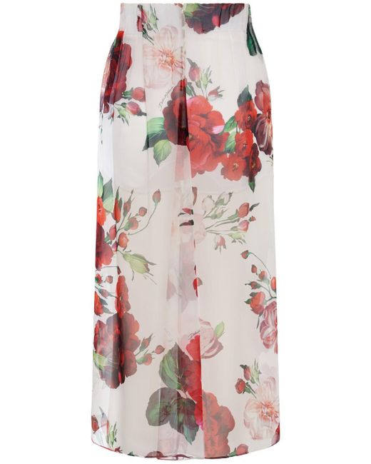 Dolce & Gabbana Red Flower Print Chiffon Midi Skirt