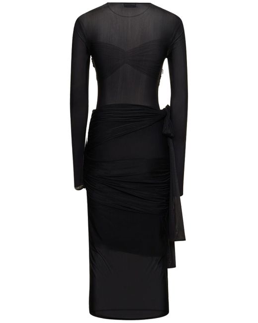 Blumarine Black Draped Stretch Tech Midi Dress W/Bow