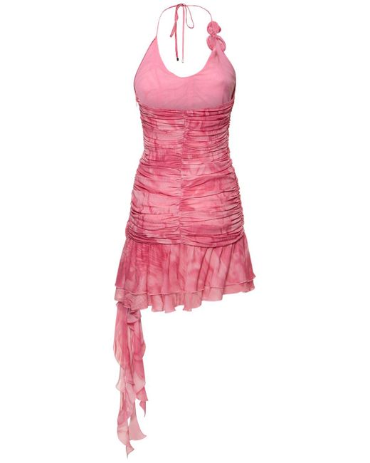 Blumarine Pink Ruched Rose Printed Viscose Mini Dress