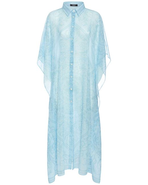 Versace Blue Barocco Print Long Chiffon Kaftan Dress