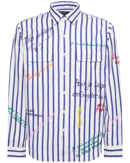 Polo Ralph Lauren Blue Script & Stripes Poplin Shirt for men