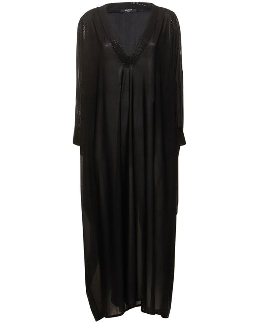 Balmain Black Shiny Jersey Long V-neck Kaftan Dress