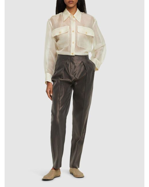 Giorgio Armani Gray Pleated Silk High Rise Straight Pants