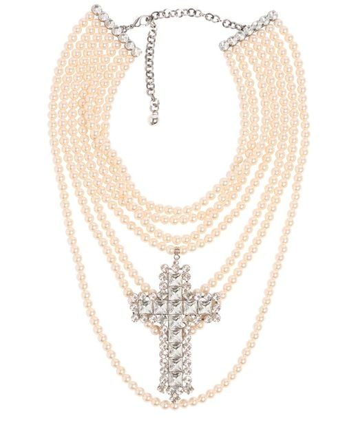 Femme Collier À Plusieurs Rangs En Perles Avec Croix Pearl- Unique Alessandra Rich en coloris White