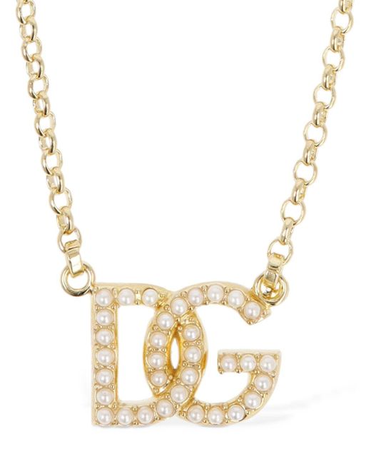 Dolce & Gabbana Metallic Dg Logo Faux Pearl Necklace