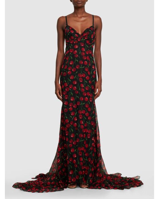 Dolce & Gabbana Purple Donna Cherry Printed Silk Chiffon Gown