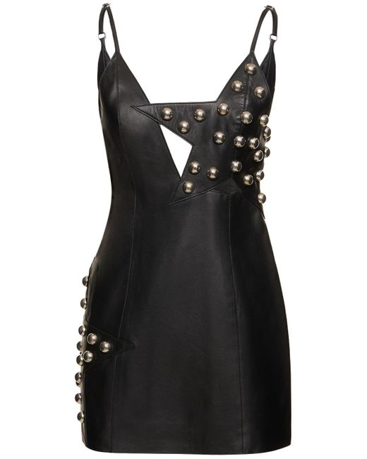 Area Black Studded Polka Dot Leather Mini Dress
