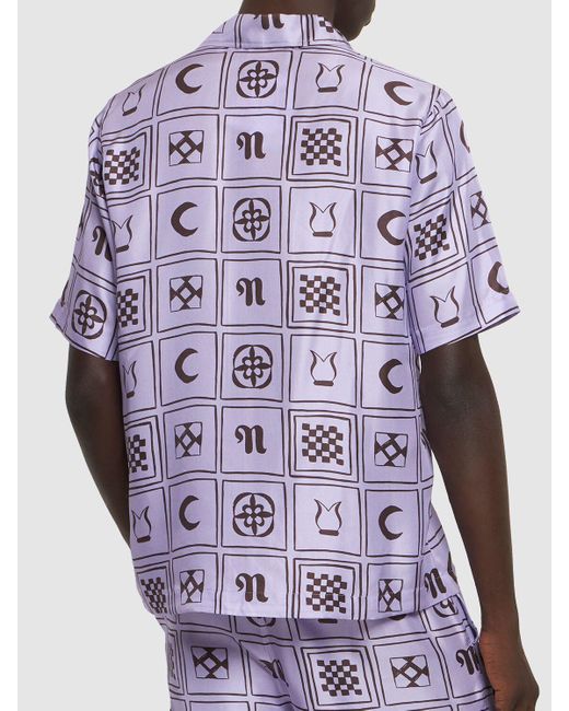 Nanushka Purple Printed Silk Twill S/S Bowling Shirt for men